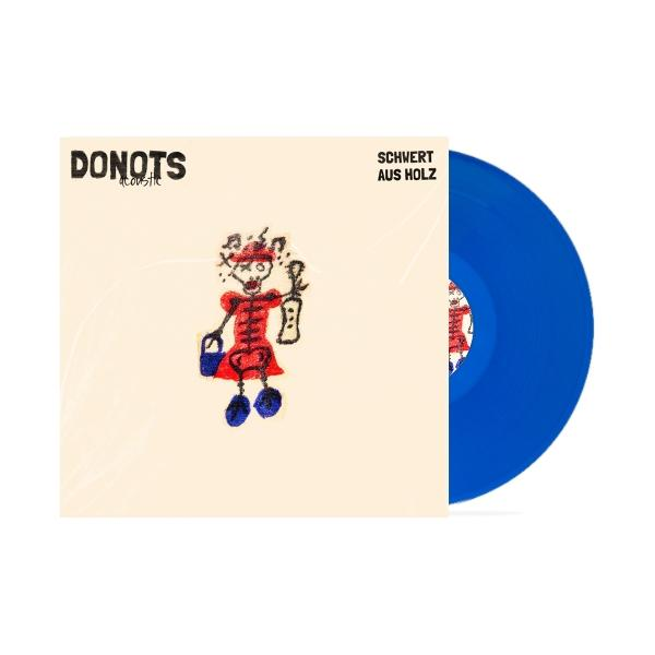 Albumcover mit einer Cartoonfigur in rotem Kleid und einer blauen Schallplatte. Text lautet "DONOTS acoustic" und "SCHWERT AUS HOLZ".
