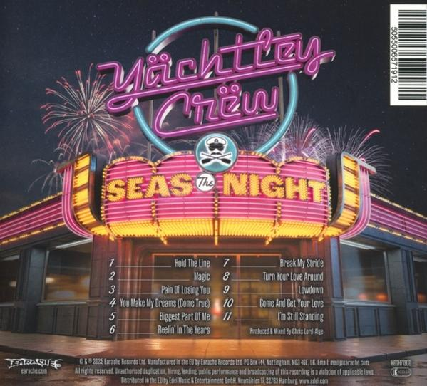 Albumcover: Neon-Schild 'Yächtley Crëw' über einem rosa Gebäude, Titel 'Seas The Night', Titelliste, Feuerwerk im Hintergrund.