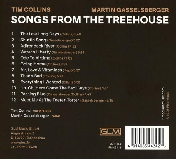 CD-Cover für "Songs From The Treehouse". Enthält Titelliste, Künstlernamen und einen Barcode. Der Hintergrund ist dunkelbraun.