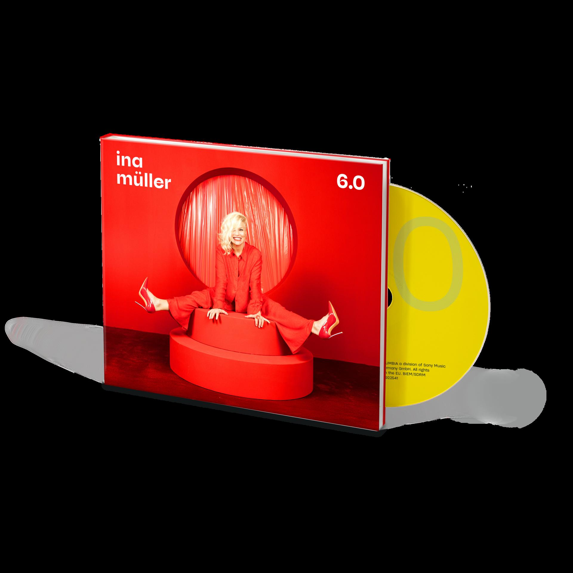 Albumcover: Ina Müller in rotem Anzug, roten Absätzen, Albumtitel ist 6.0. Gelbe CD sichtbar.
