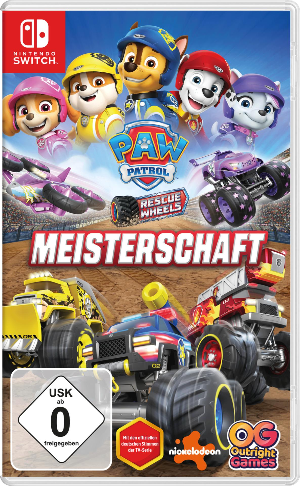 PAW Patrol-Videospiel-Cover. Charaktere in Rennwagen über dem Titel MEISTERSCHAFT. Nintendo Switch-Logo oben links.
