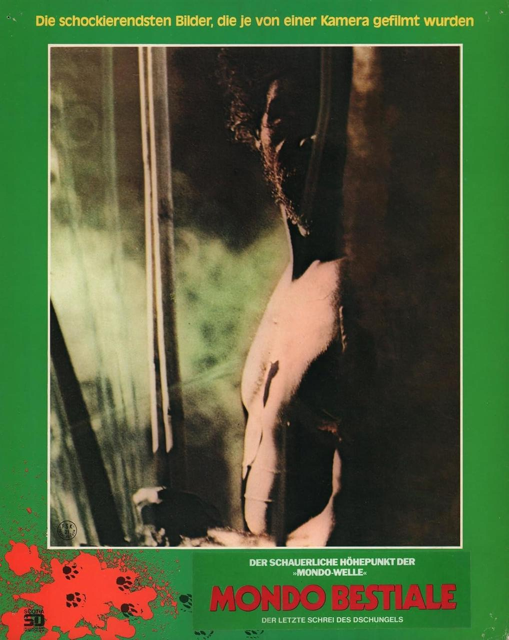 Filmposter. Der Oberkörper eines Mannes ist zu sehen, mit Bart. Der Hintergrund ist grün mit deutschem Text und dem Titel 'MONDO BESTIALE'.