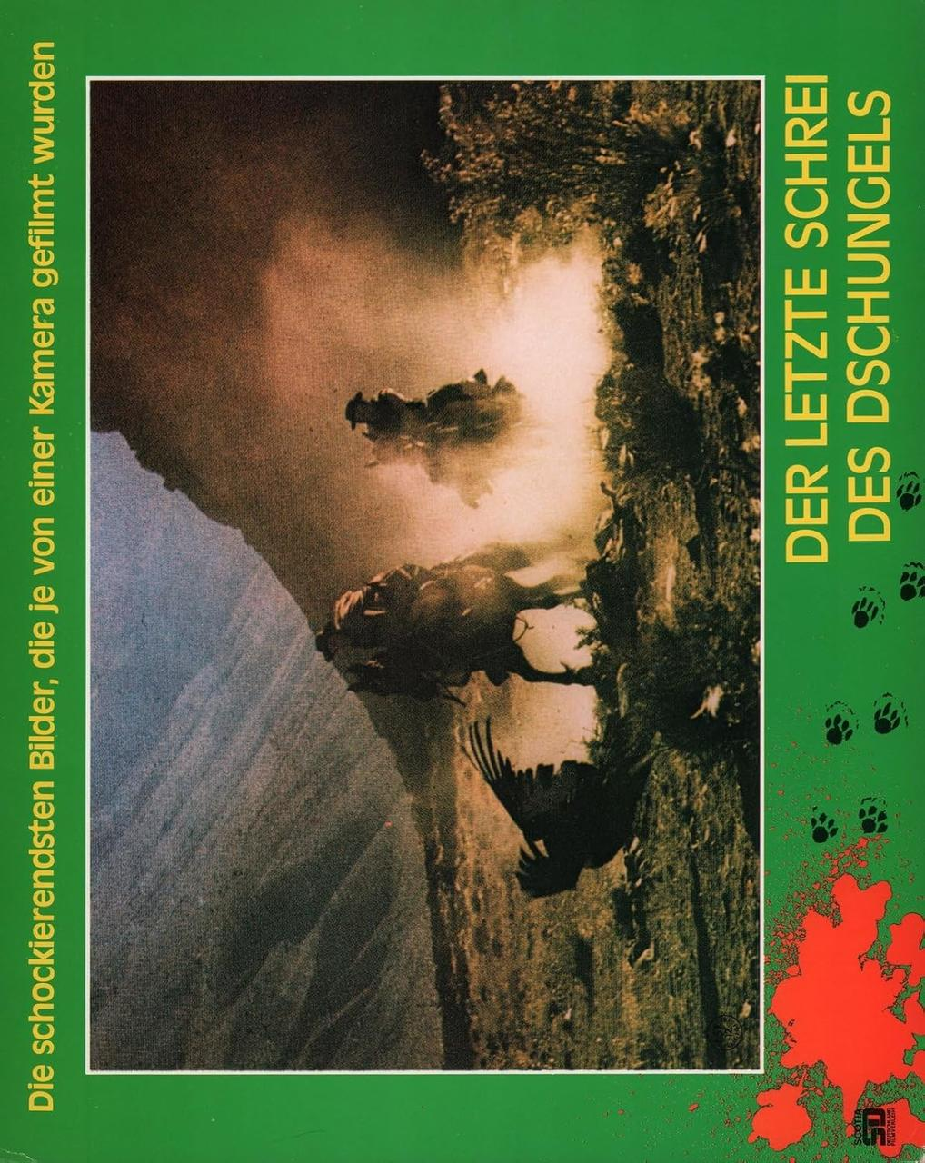 Filmposter mit Dschungelszene. Text beinhaltet 'Der letzte Schrei des Dschungels'. Berge im Hintergrund, Tiere im Vordergrund.