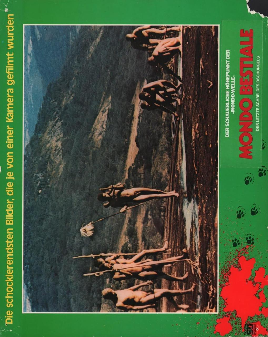 Poster mit nackten Menschen, Speeren und Text auf Deutsch. Im Hintergrund ist ein Berg zu sehen. Der Titel lautet 'Mondo Bestiale'.