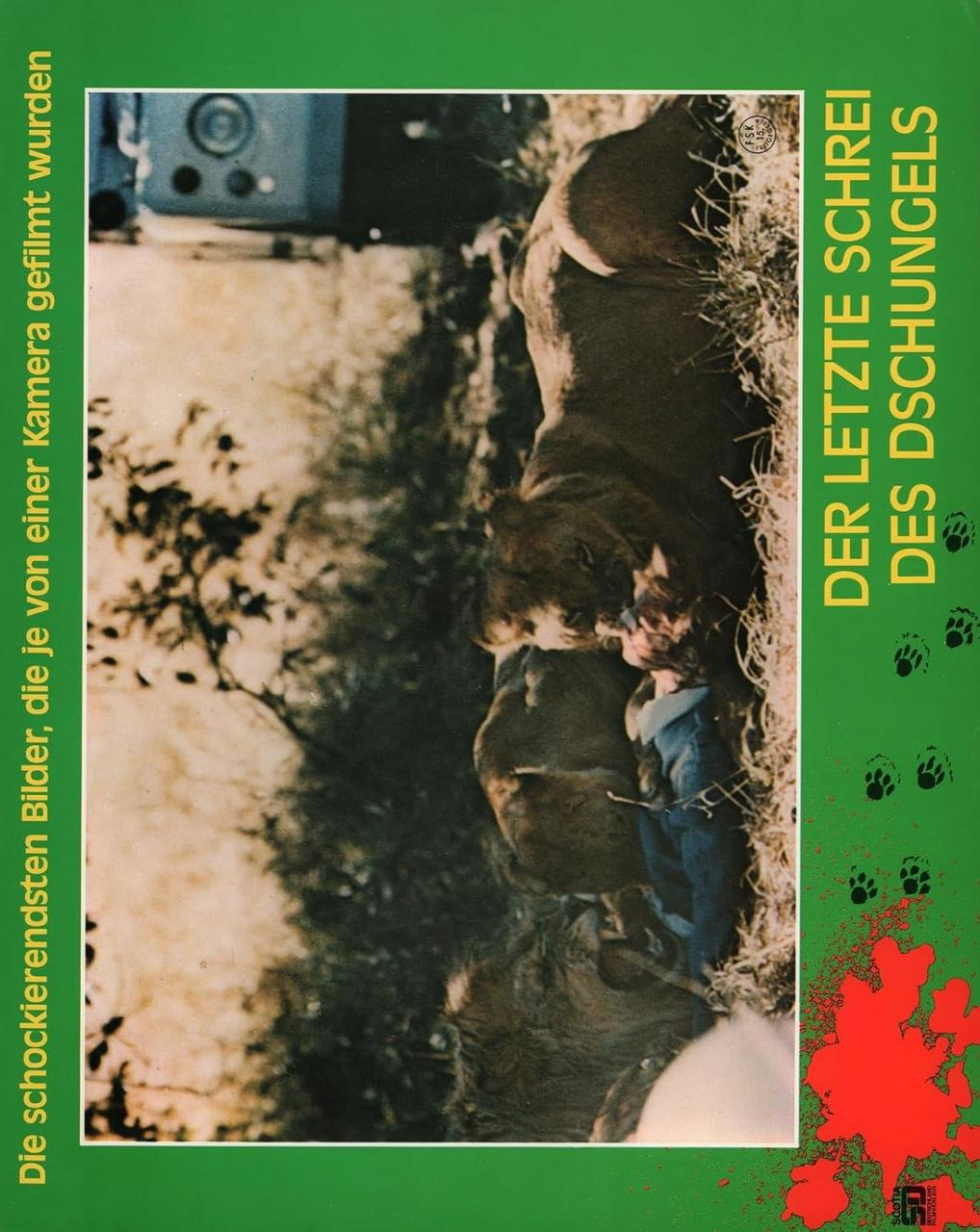 Filmplakat mit Löwen, die eine Person angreifen. Der Titel lautet: 'DER LETZTE SCHREI DES DSCHUNGELS'.