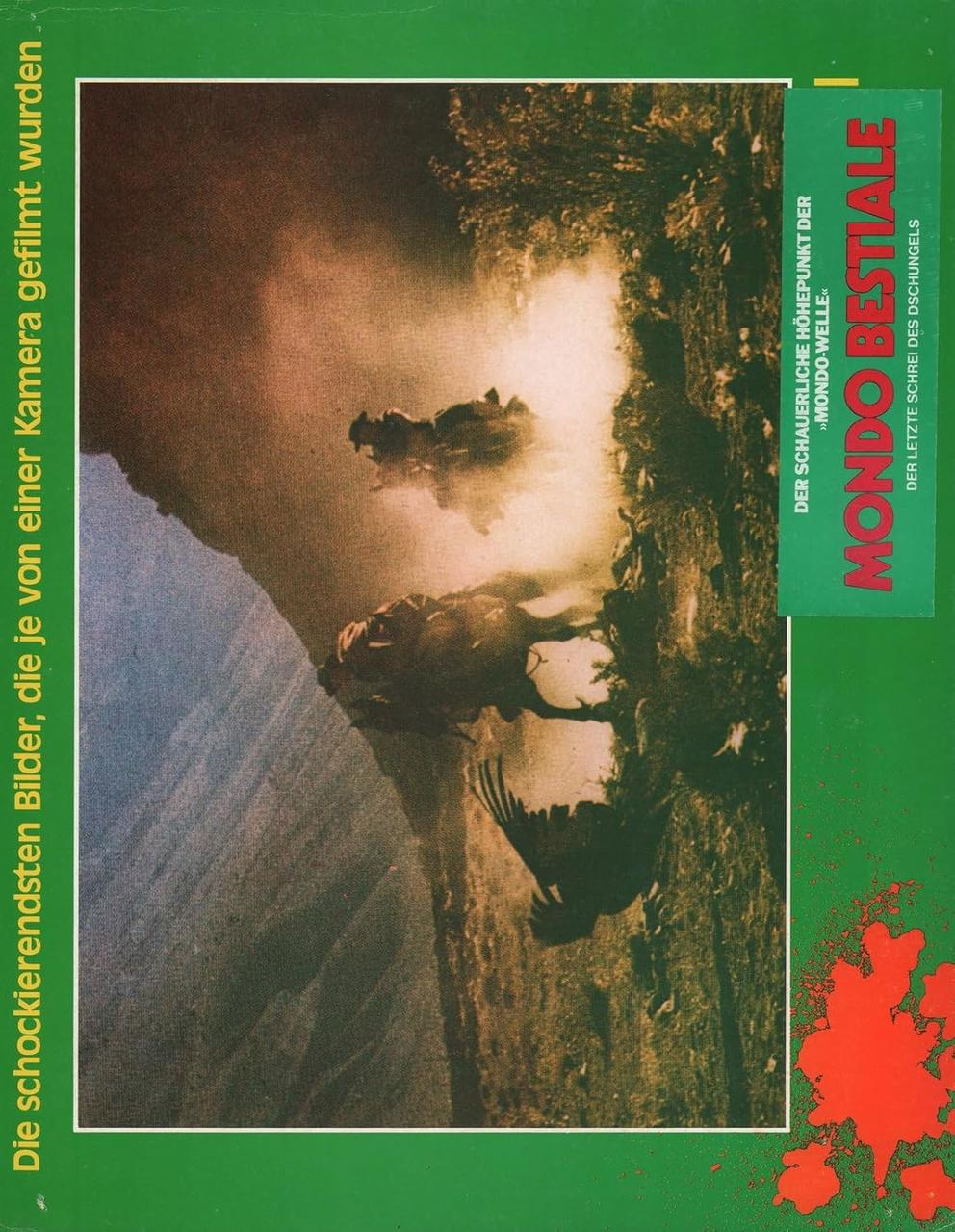 Ein Filmplakat mit grünem Rand. Das Bild zeigt eine verschwommene Szene einer Kreatur in einer Landschaft. Text: Mondo Bestiale.