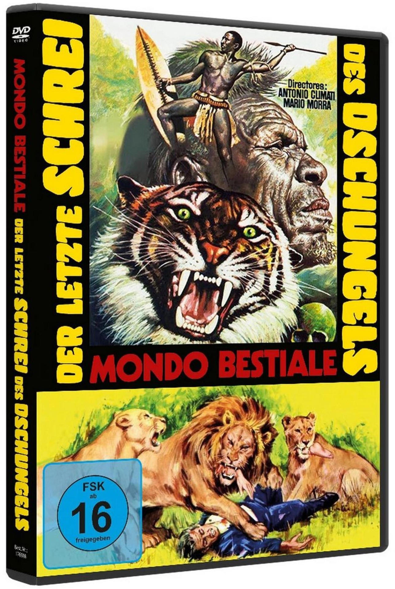 DVD-Cover mit Tiger, Löwe und einem Mann vor einem Dschungel-Hintergrund. Der Titel lautet "Mondo Bestiale" mit deutschem Text.