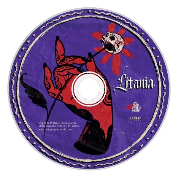 CD-Kunst: Rote Hand hält Schädel an Stiel. Lila Hintergrund. Titel "Litania". Logo "Heavy Psych Sounds". Dekorativer Rand.