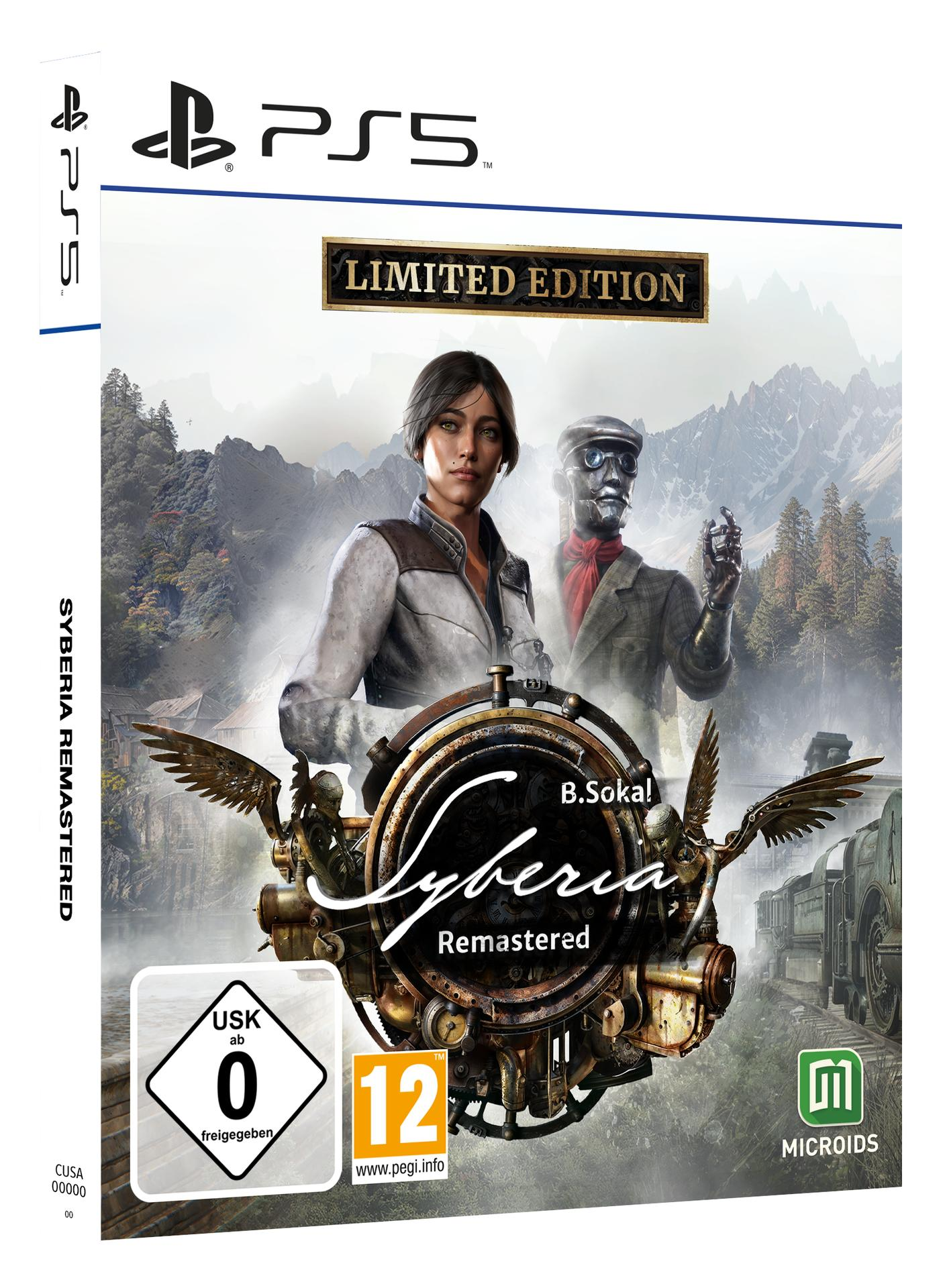 Syberia Remastered PS5-Spielcover. Zeigt eine Frau und einen roboterartigen Mann. Limited Edition-Label, Altersfreigabe und Zug im Hintergrund.