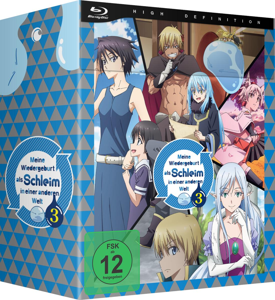 Blu-ray-Box-Set mit Anime-Charakteren. Der Titel lautet 'Meine Wiedergeburt als Schleim in einer anderen Welt'. Eine grüne '12'-Bewertung ist sichtbar.