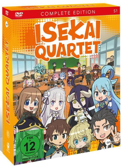 DVD-Box mit Anime-Charakteren in Schulklassen-Kulisse. Titel: Isekai Quartet.