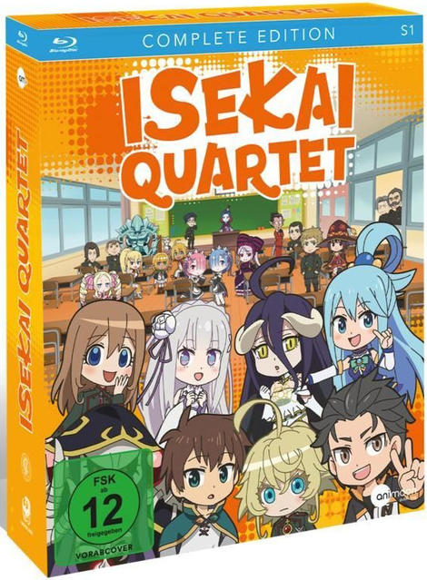 Anime-Box-Art von Isekai Quartet. Charaktere befinden sich in einem Klassenzimmer. Die Box hat helle Farben mit Cartoon-Figuren.