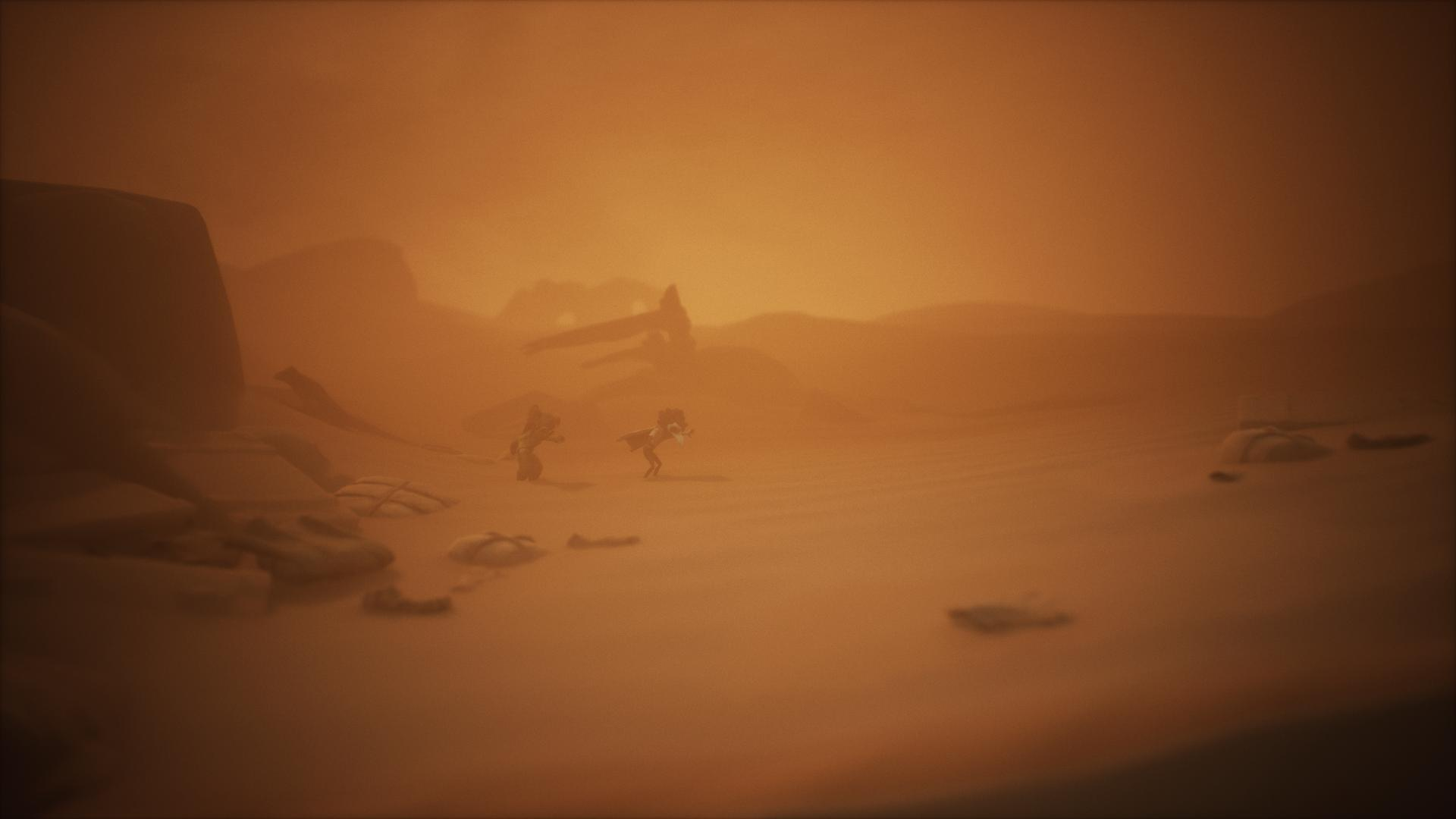 Zwei Figuren in einer staubigen Wüstenlandschaft unter einem orangefarbenen Himmel.