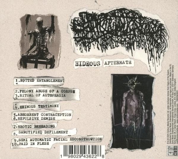 Das Albumcover zeigt eine skelettartige Figur, eine dunkle abstrakte Form und Text. Zu den Titeln gehören 'Hideous Aftermath' und Songnamen.