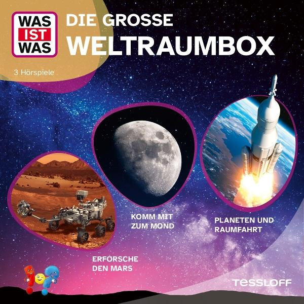 Buchcover mit Weltraumthema. Enthält Marsrover, Mond, Rakete und Sternenhimmel. Text: 'Die Große Weltraumbox'.