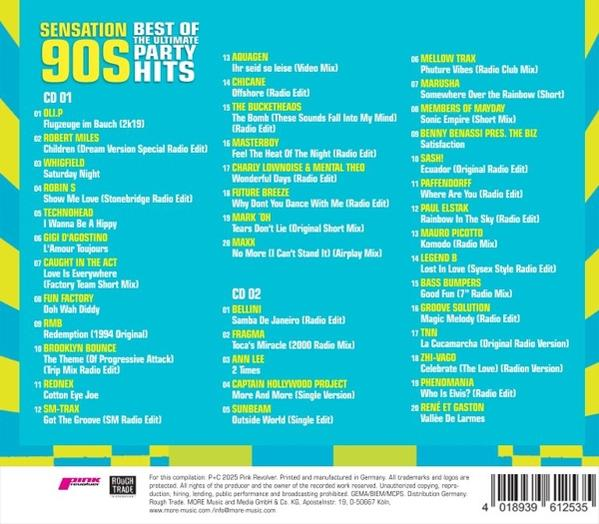 Albumcover für 'Sensation Best of the Ultimate 90s Party Hits' mit Titellisten und Künstlernamen.