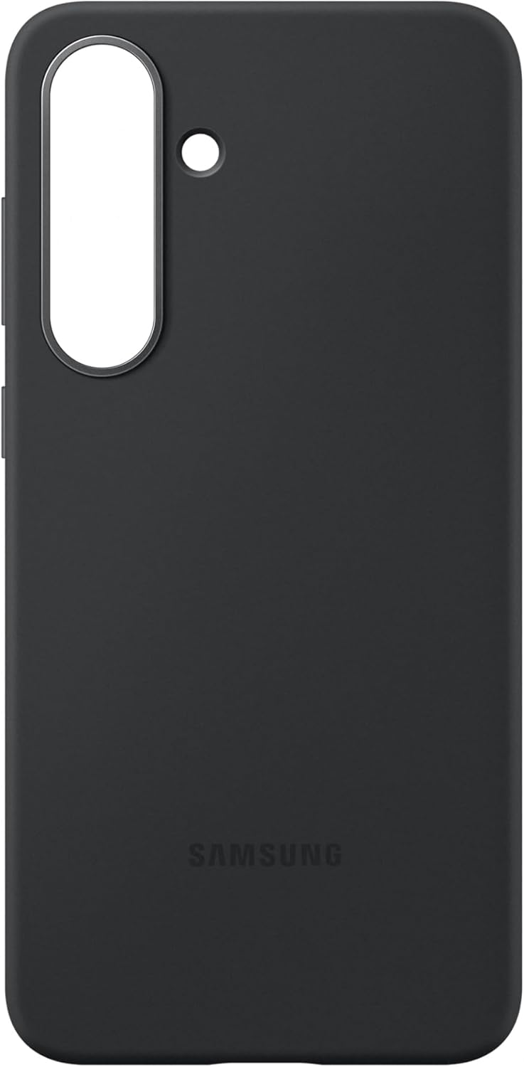 Eine schwarze Handyhülle. Sie hat Aussparungen für Kamera und Knöpfe. Das Samsung-Logo ist unten.
