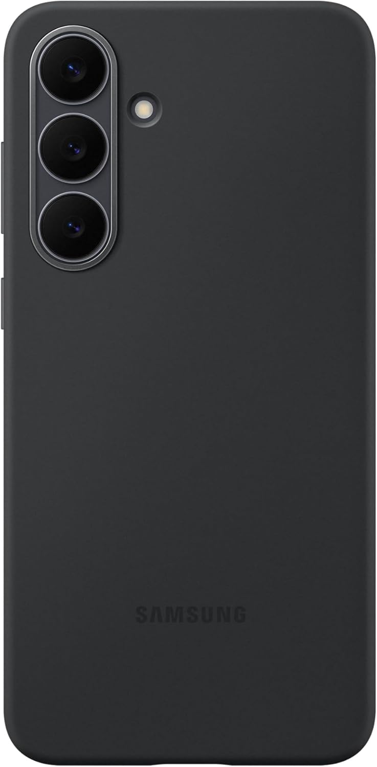 Schwarze Handyhülle mit drei Kameralinsen, Blitz und Samsung-Logo. Es ist eine Schutzhülle für ein Smartphone.