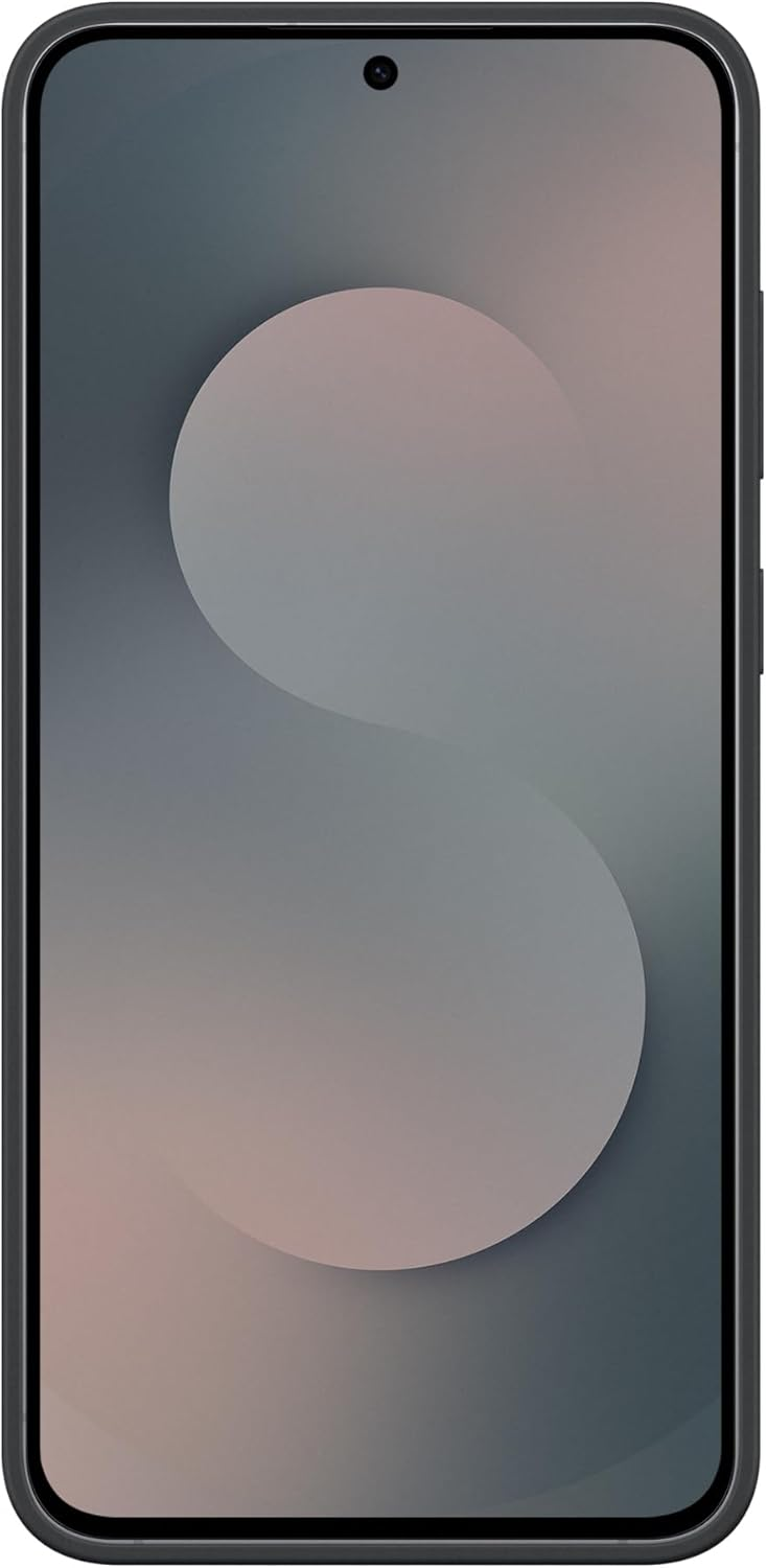 Ein Smartphone-Bildschirm zeigt einen Farbverlaufshintergrund mit einer großen, hellfarbigen S-Form. Das Telefon ist schwarz mit einem Kamerapunkt.