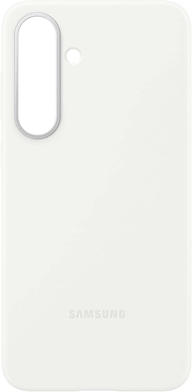 Eine weiße Handyhülle mit Kameraausschnitt und Samsung-Logo. Sie hat ein glattes, sauberes Design und ist schlicht weiß.