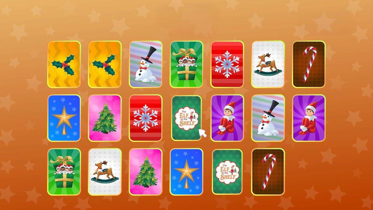 Weihnachtskarten auf orangefarbenem Hintergrund. Karten zeigen Stechpalmen, Schneemänner, Schneeflocken, Elfen und Zuckerstangen.