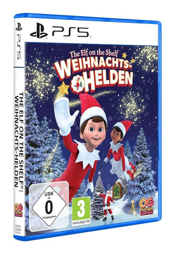 Spielcover von The Elf on the Shelf: Weihnachts-Helden für PS5. Zeigt Elfen in Rot und Weiß, verschneite Bäume und den Weihnachtsmann.