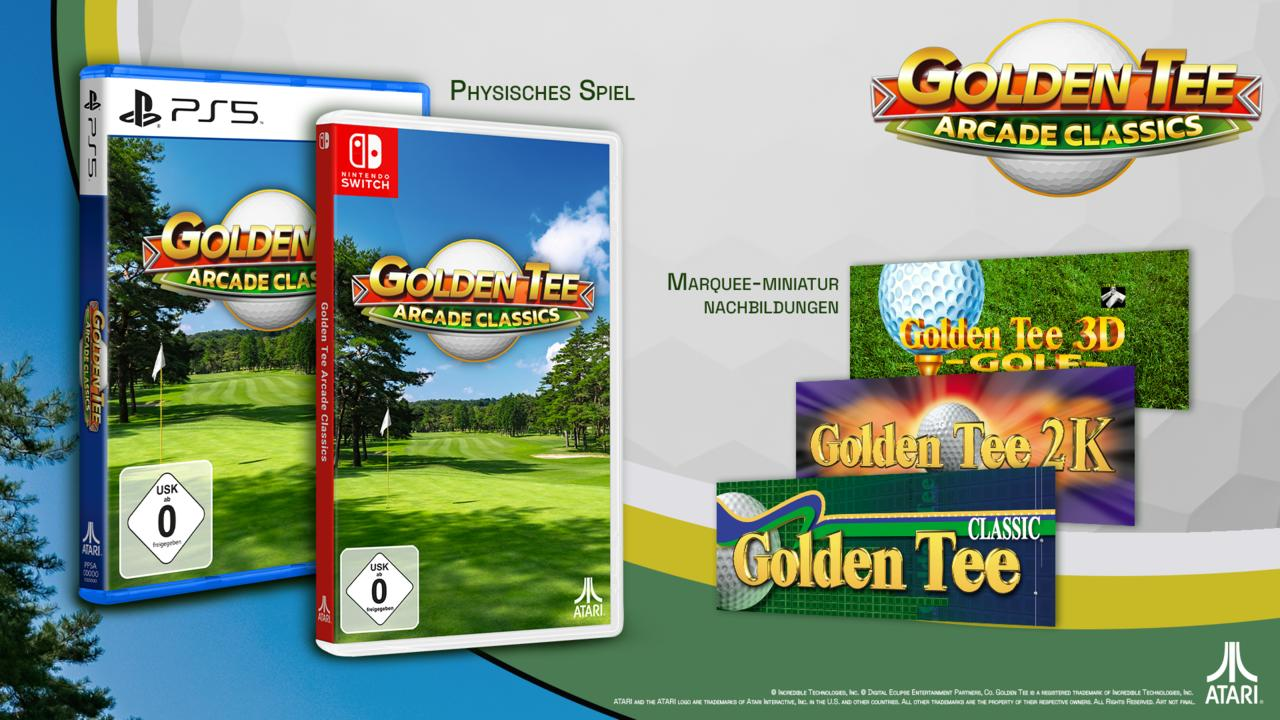 Das Bild zeigt Spielboxen für Golden Tee Arcade Classics auf PS5 und Nintendo Switch. Andere Golden Tee-Spielelogos sind ebenfalls vorhanden.