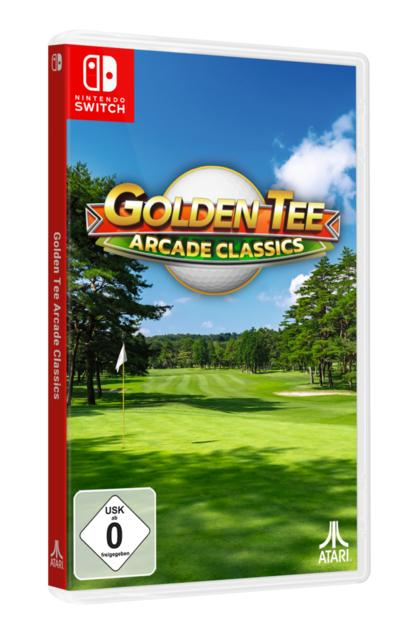 Spielhülle für Golden Tee Arcade Classics. Zeigt eine Golfplatzszene, Logo und Nintendo Switch-Branding. USK-Einstufung 0.