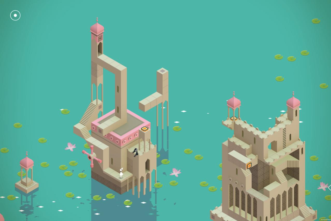 Isometrische Ansicht von Strukturen in teal Wasser. Türme mit rosa Spitzen, Treppen und Seerosen sind zu sehen. Zwei Charaktere stehen auf einem Gebäude.