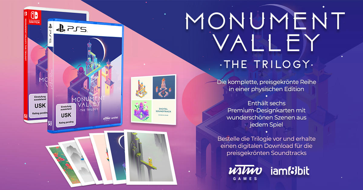 Spiel-Box-Art für Monument Valley Trilogy auf Switch und PS5. Enthält Designkarten und Werbetext auf lila Hintergrund.
