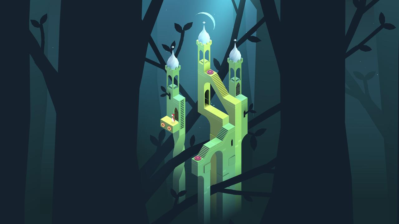 Ein grünes Schloss mit Treppen und Türmen steht in einem dunklen Wald unter einem Halbmond. Silhouetten von Bäumen umrahmen die Szene.