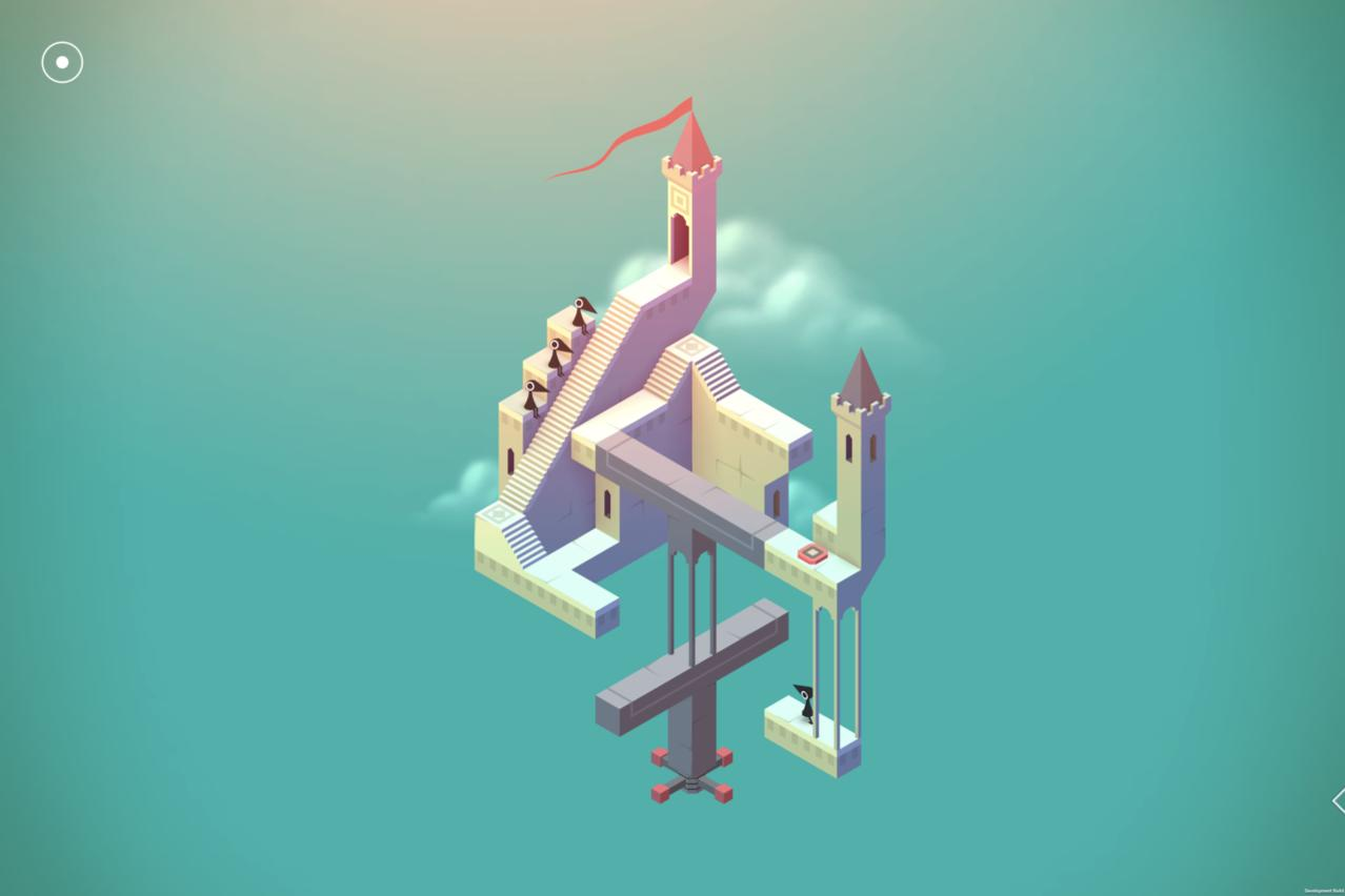 Isometrische Puzzleszene. Ein Schloss mit Treppen, einem Turm und einer Brücke. Eine Figur steht auf einer Plattform.