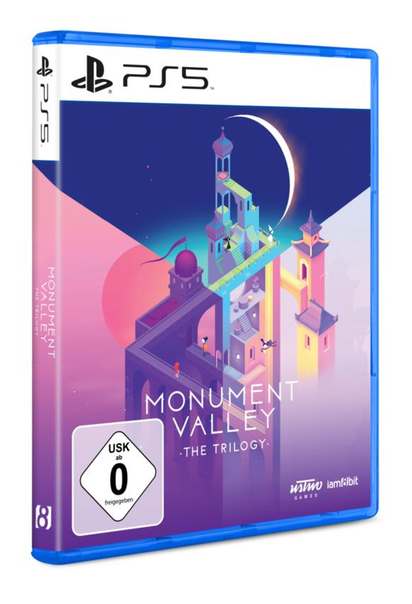 PS5-Spielhülle. Monument Valley: The Trilogy. Bunte architektonische Strukturen und ein Bewertungssymbol.