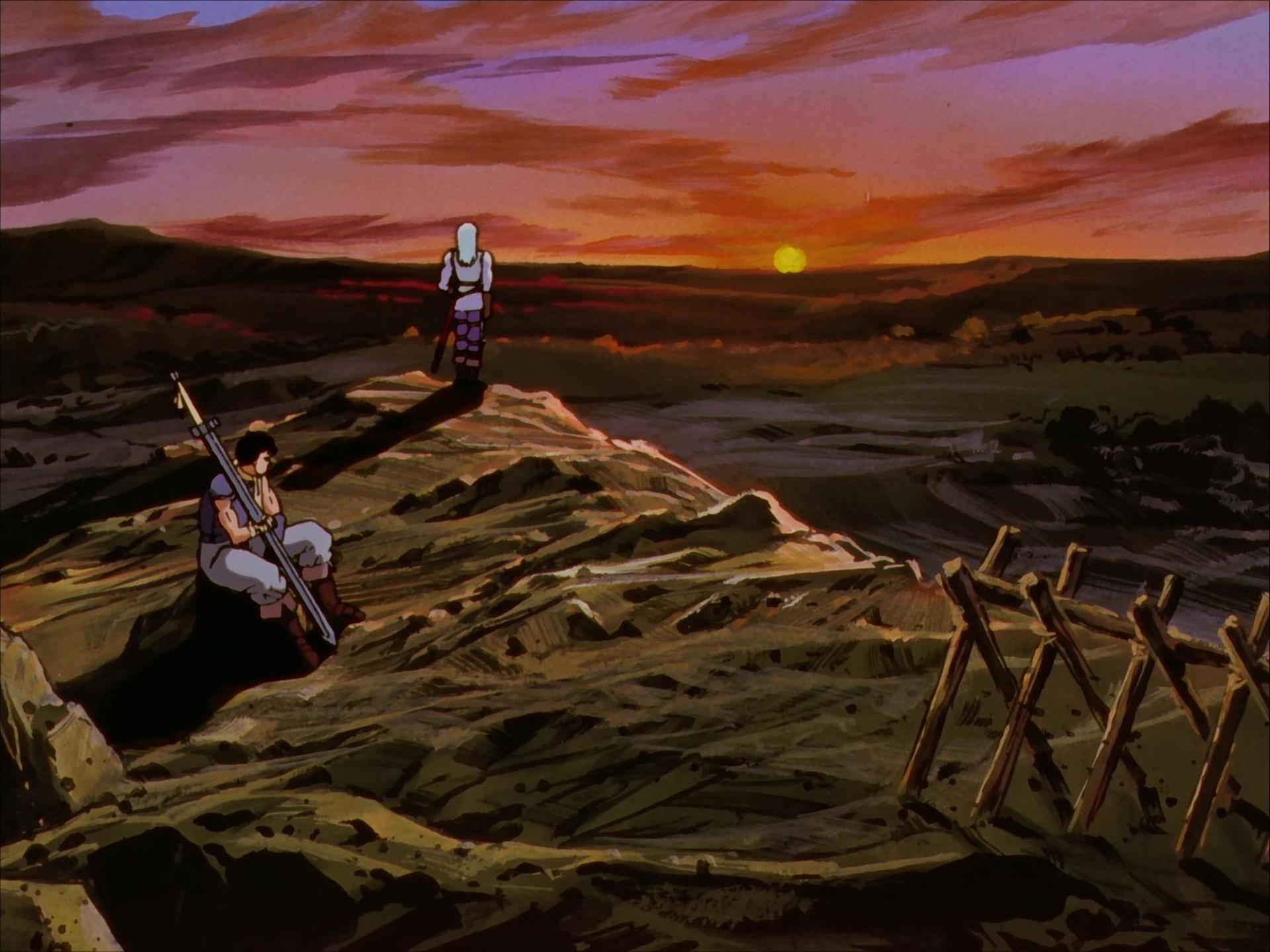 Anime-Szene: Zwei Figuren auf einem Hügel bei Sonnenuntergang. Einer sitzt mit einem Schwert, der andere steht.