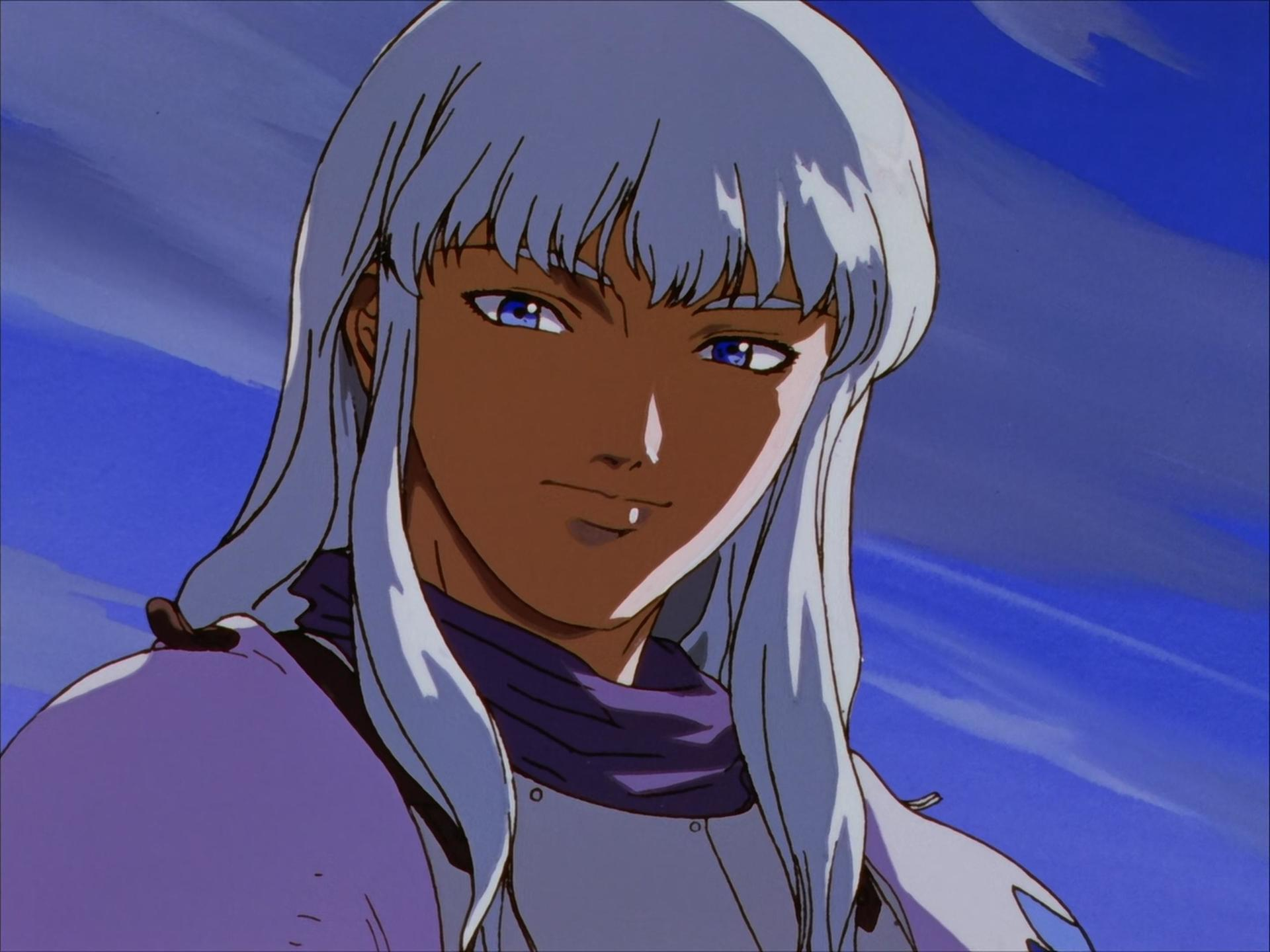 Anime-Figur mit hellem Haar, blauen Augen und dunkler Haut. Trägt eine Rüstung und lila Kleidung. Blauer Himmel im Hintergrund.