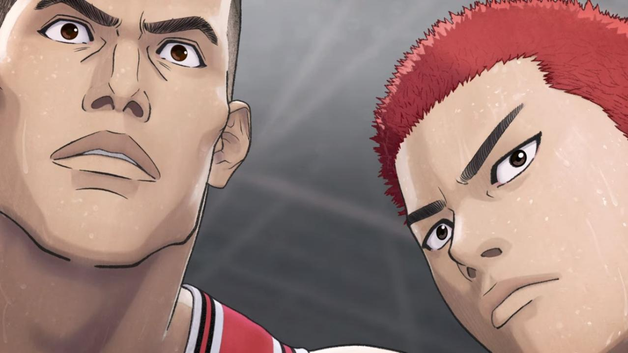 Zwei Männer im Anime-Stil mit intensiven Gesichtsausdrücken. Einer hat rote, stachelige Haare, der andere hat kurzes Haar und trägt ein rot-weißes Hemd.