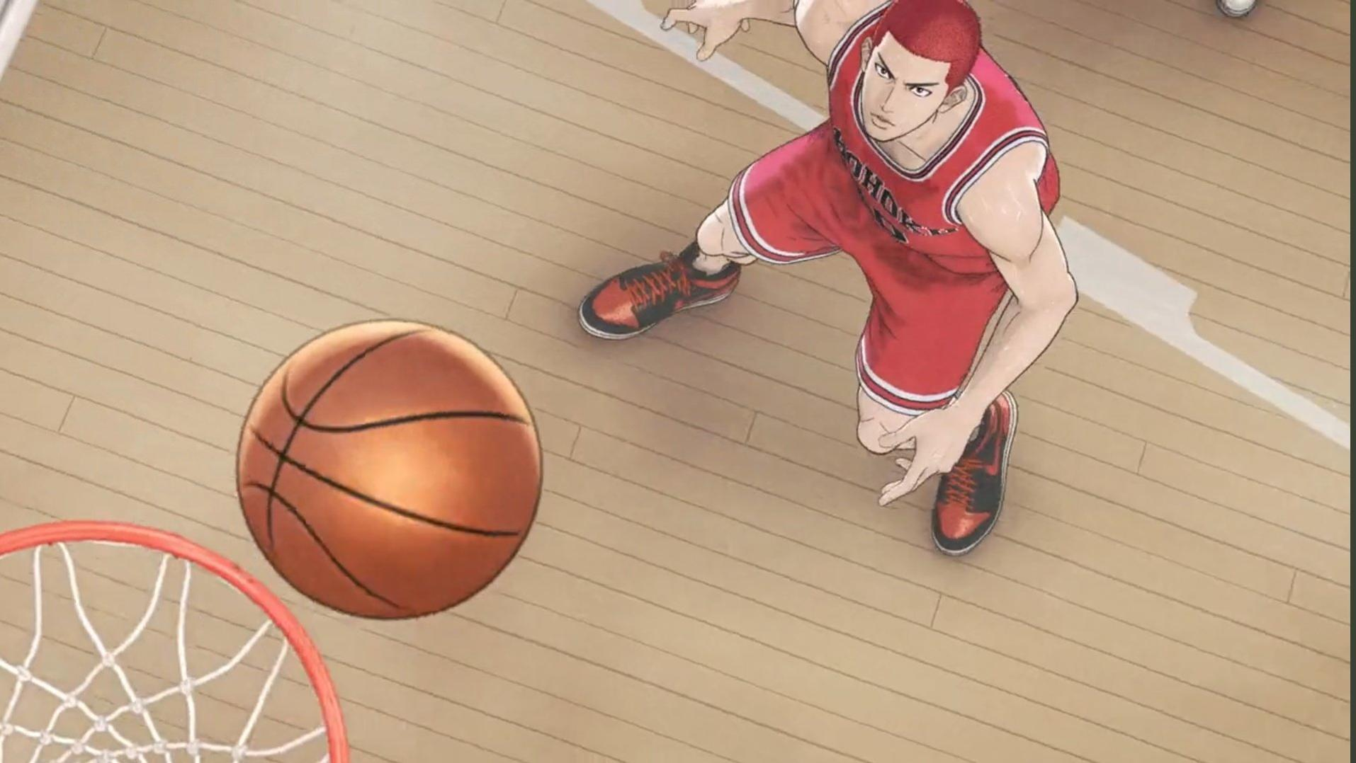 Basketballspieler in roter Uniform kurz vor dem Wurf. Ball in der Luft, Netz darunter sichtbar.