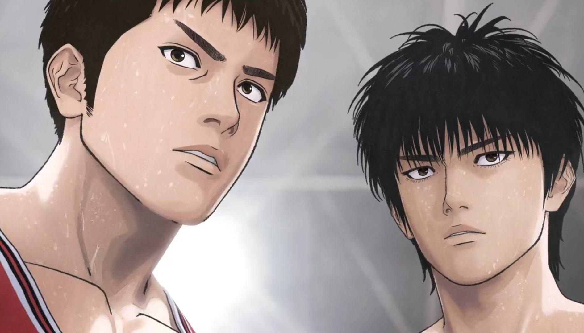 Zwei Anime-Männer schauen nach vorne, einer mit dunklen Haaren und einem roten Trikot. Der andere mit schwarzen Haaren. Beide haben Schweiß auf der Haut.