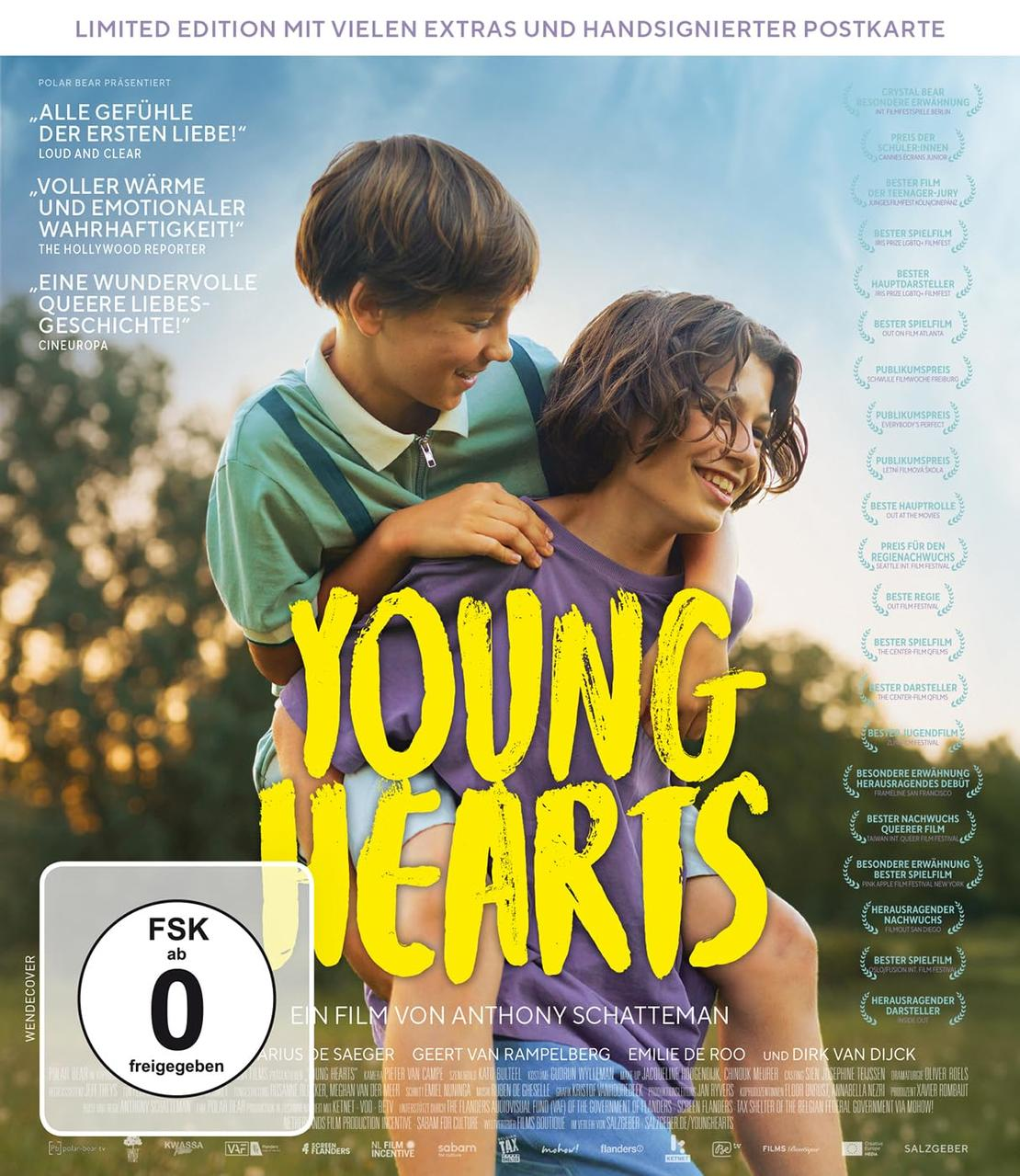 Poster eines Films mit dem Titel 'Young Hearts', mit zwei Jungen, die sich umarmen, mit Filmfestival-Auszeichnungen.