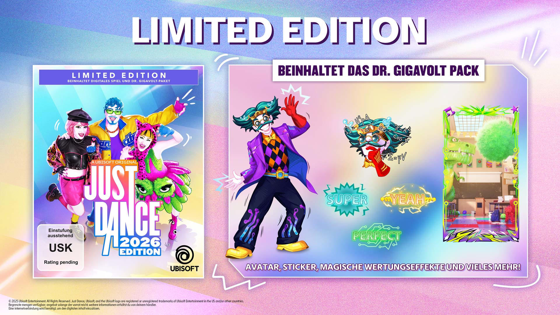 Spielbox-Art für Just Dance 2026. Enthält Charaktere, Text und Logos. Zeigt eine limitierte Edition mit einem Dr. Gigavolt Pack.