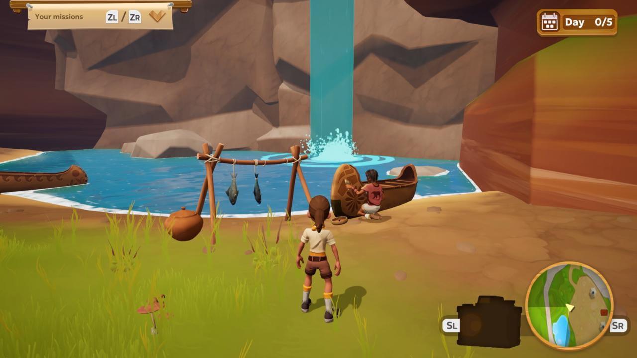 Eine Spielszene mit Wasserfall, Charakter, Boot und hängenden Fischen. Die Umgebung ist ein Canyon mit Wasser.