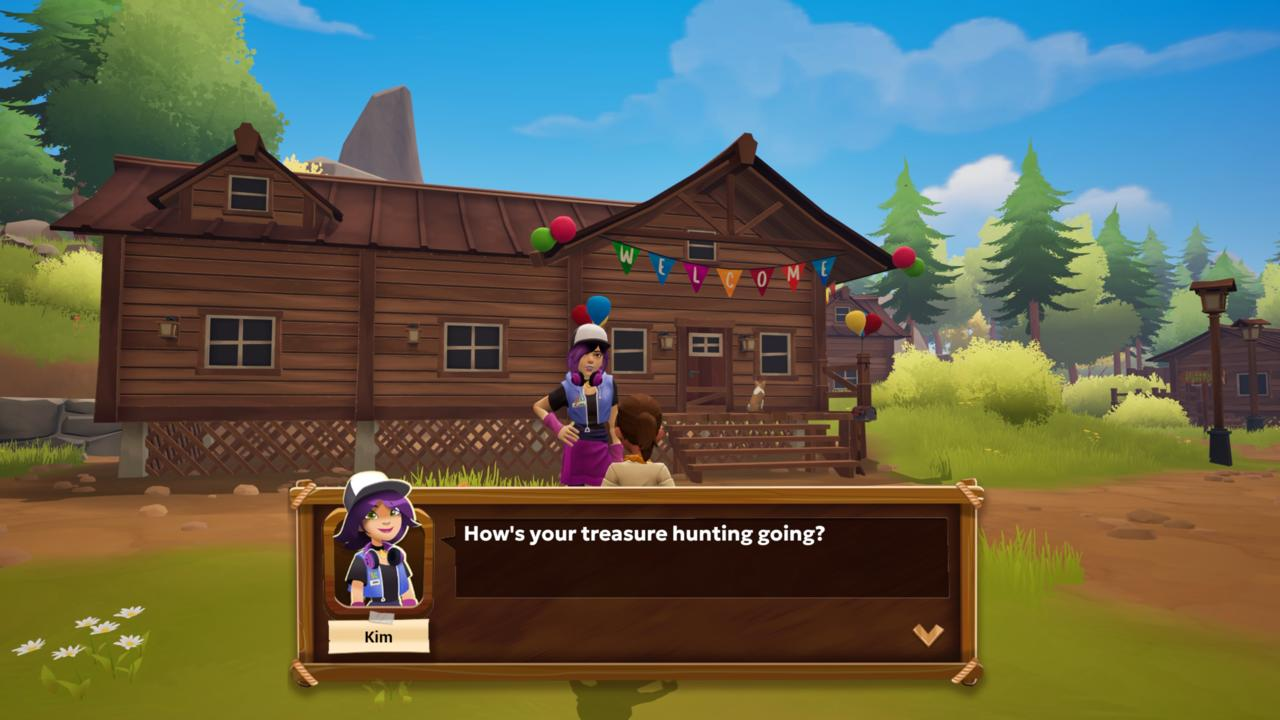 Eine Frau vor einem Holzhaus mit Willkommensbanner. Eine Dialogbox fragt: "Wie läuft deine Schatzsuche?"