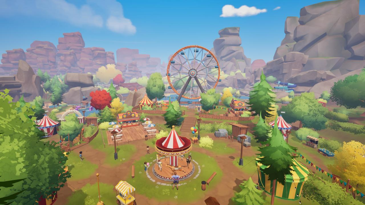 Ein farbenfroher Vergnügungspark mit Riesenrad, Karussell, Zelten und Imbissständen. Berge und Bäume umgeben den Park unter blauem Himmel.
