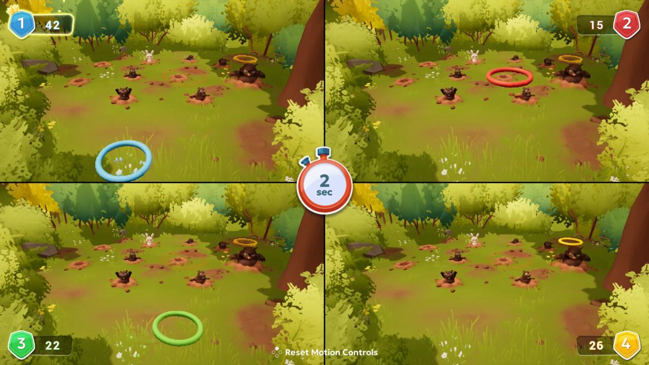Vierteiliger Spiel-Screenshot. Waldboden mit Kaninchen und Maulwürfen. Farbige Ringe erscheinen. Zahlen und Timer sind in den Ecken.