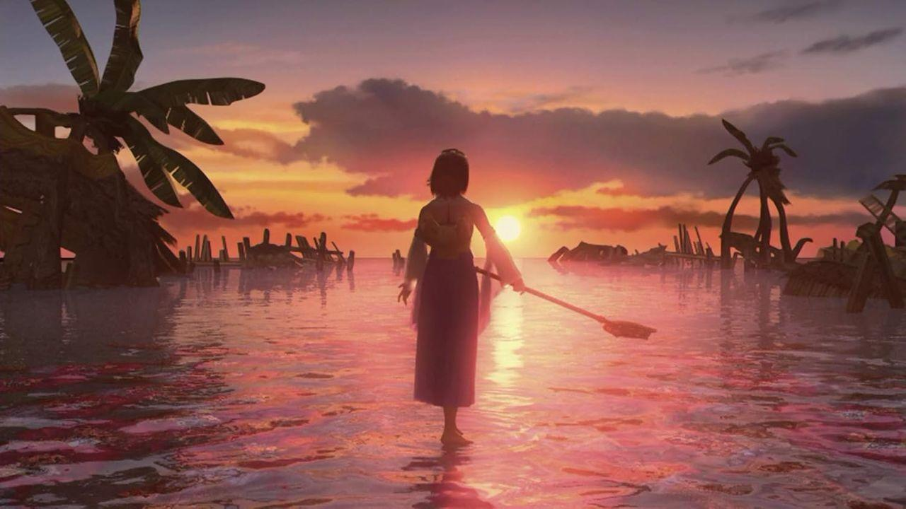 Eine Frau im Wasser bei Sonnenuntergang mit einem Paddel. Palmen und Trümmer befinden sich im Wasser. Der Himmel ist orange und rosa.