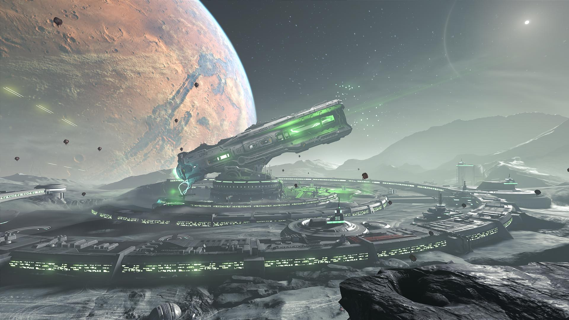 Eine futuristische Weltraumszene mit einer großen Kanone, einem Planeten und Strukturen auf einer felsigen Landschaft. Mehrere fliegende Objekte am Himmel.