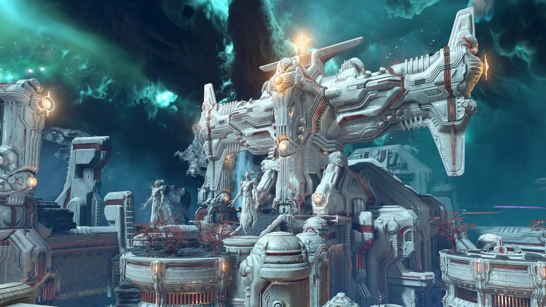 Eine futuristische Stadt mit weißen Strukturen, Statuen und einem bewölkten, tealblauen Himmel. Gebäude haben leuchtende Lichter, und die Szene hat eine Science-Fiction-Ästhetik.