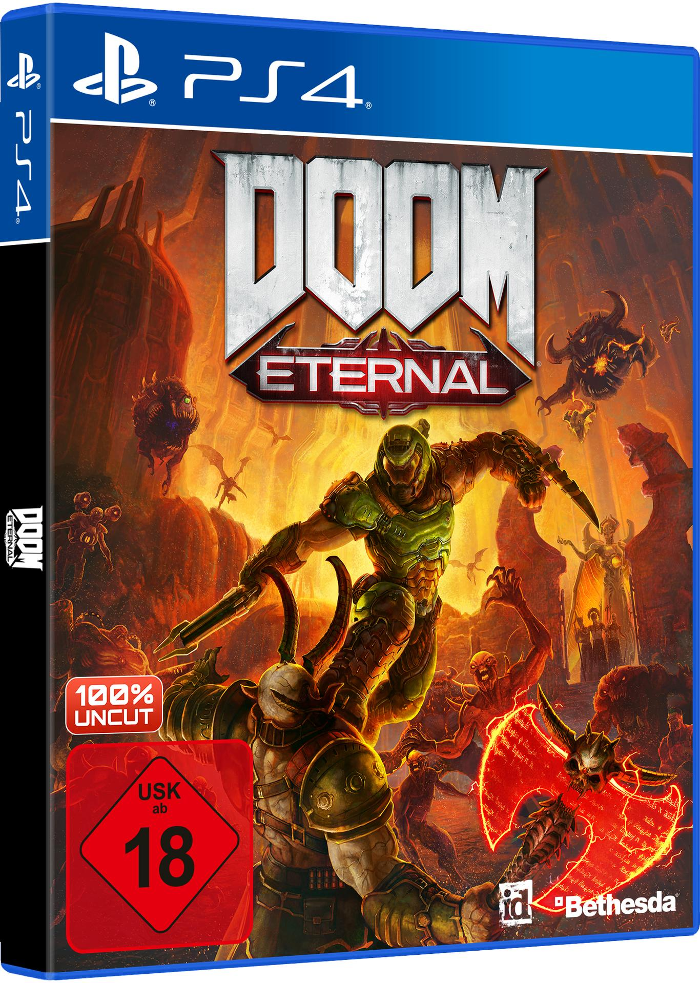 Spielcover für Doom Eternal auf PS4. Ein Dämonenjäger kämpft gegen Dämonen in einer feurigen Szene. Das Spiellogo ist oben.