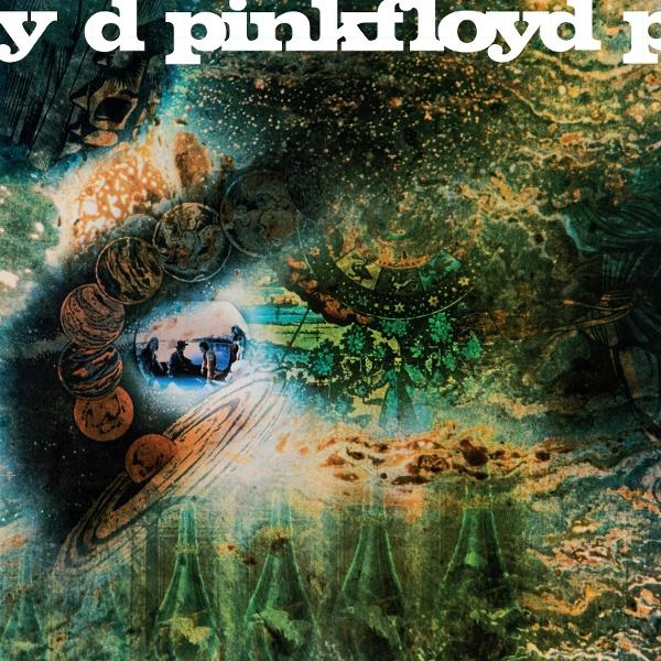 Albumcover mit wirbelnden Farben, Planeten und Figuren in einem Boot. Oben steht weißer Text: 'y d pinkfloyd r'.