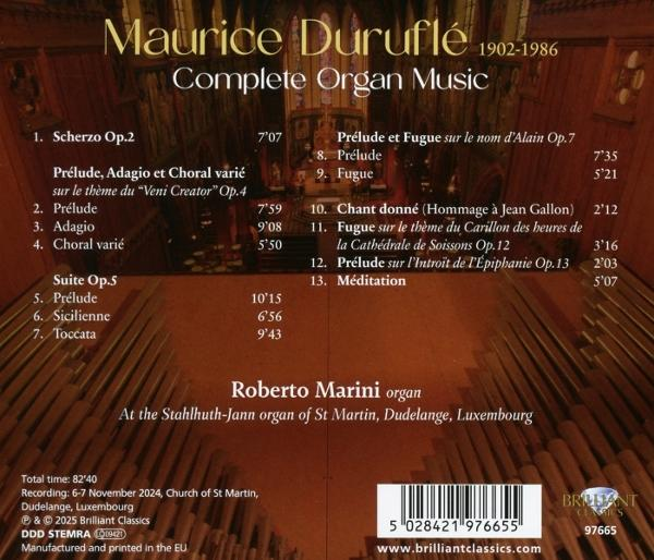 CD-Cover für Maurice Duruflés Complete Organ Music mit Kircheninterieur. Text enthält Titelliste, Künstler- und Orgeldarstellungen.